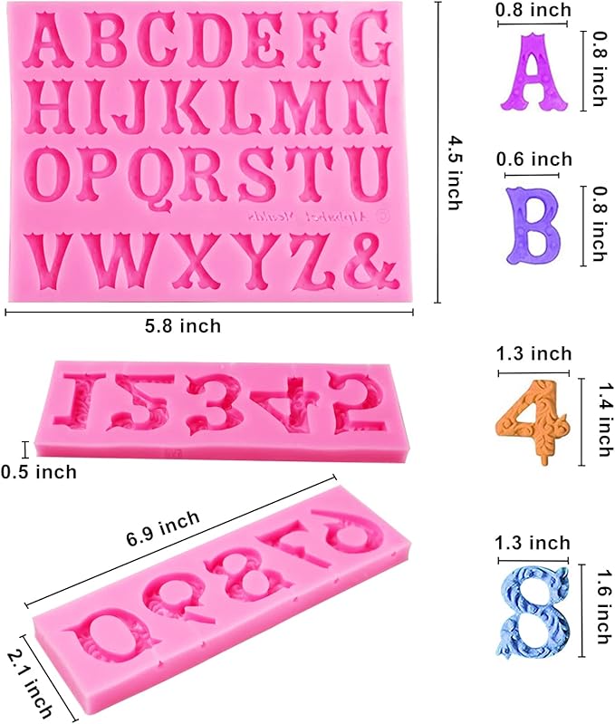 Silicone Fondant Molds, AIMEIKI 3 Pack 3D Silicone Number 0-9 Alphabet A-Z Embossed Fondant Chocolate Baking Molds for Decorating Birthday Cake Candy Chocolate DIY Craft Projects