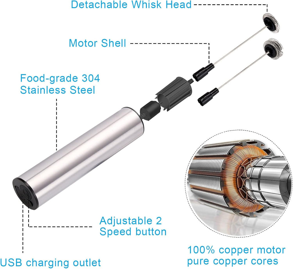 Micro Rechargeable Foamer| Handheld Battery Operated Milk Frother for Coffee| Travel Drink Mixer with Patent 2 Stainless Steel Whisk Heads| Keto Coffee, Latte, Cappuccino, Hot Chocolate| Silver