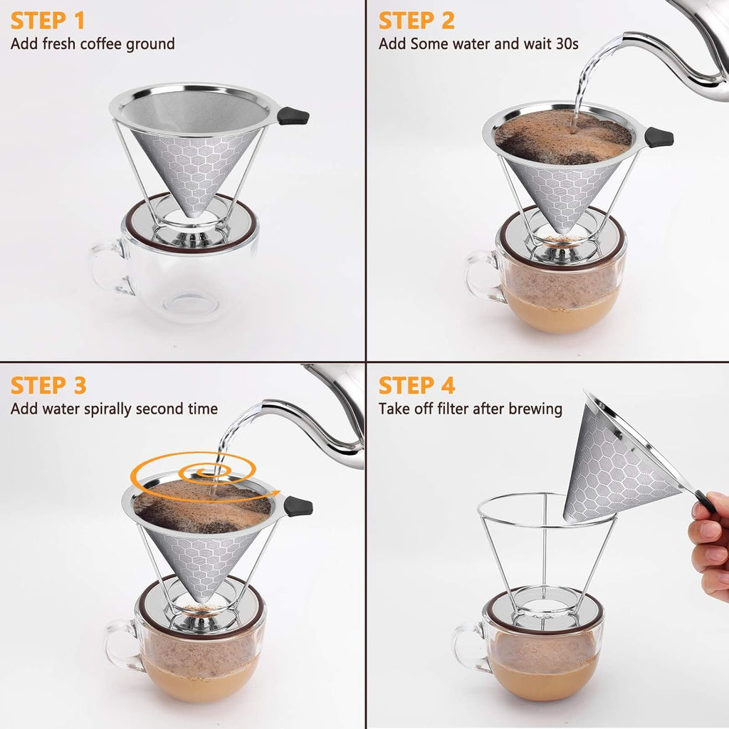 Pour Over Coffee Dripper, Reusable Stainless Pour Over Coffee Maker for (1-4 Cup), Easy to Clean Paperless Pour Over Coffee Maker, Fine Mesh Coffee Strainer with Stand and Bonus Brush
