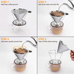 Pour Over Coffee Dripper, Reusable Stainless Pour Over Coffee Maker for (1-4 Cup), Easy to Clean Paperless Pour Over Coffee Maker, Fine Mesh Coffee Strainer with Stand and Bonus Brush