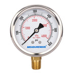 MEASUREMAN 2-1/2inch Dial Size, Oil Filled Pressure Gauge, 0-600psi/4000kpa, 304 Stainless Steel Case, 1/4inchNPT Lower Mount