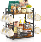 EsLuker.ly Coffee Bar Station Organizer Mug Cup Holder Stand for Countertop, Multi-Functional 2 Tier Mug Tree Rack for Kitchen, Storage Shelf with 12 Removable Hooks, Coffee Nook Enhancer