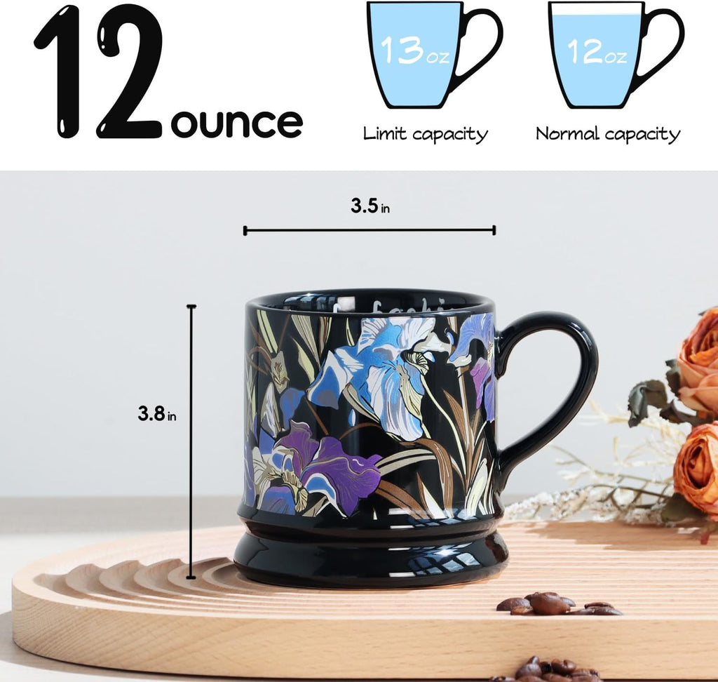 Ceramic Coffee Cappuccino Mug, 13 oz Classical Flower Mugs Vintage Floral Cups Aesthetic Mug Tea Cup, Perfect for Tea, Cocoa, Latte - Gifts for Women Men Dad Mom (Black)