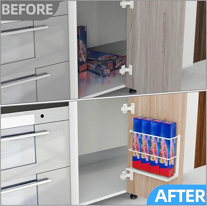 2 Pack Kitchen Wrap Organizer Door Mount, Aluminum Foil Holder Cabinet Door Organizer Cabinet Storage Basket for Kitchen Wrap/Food Bag Storage, White