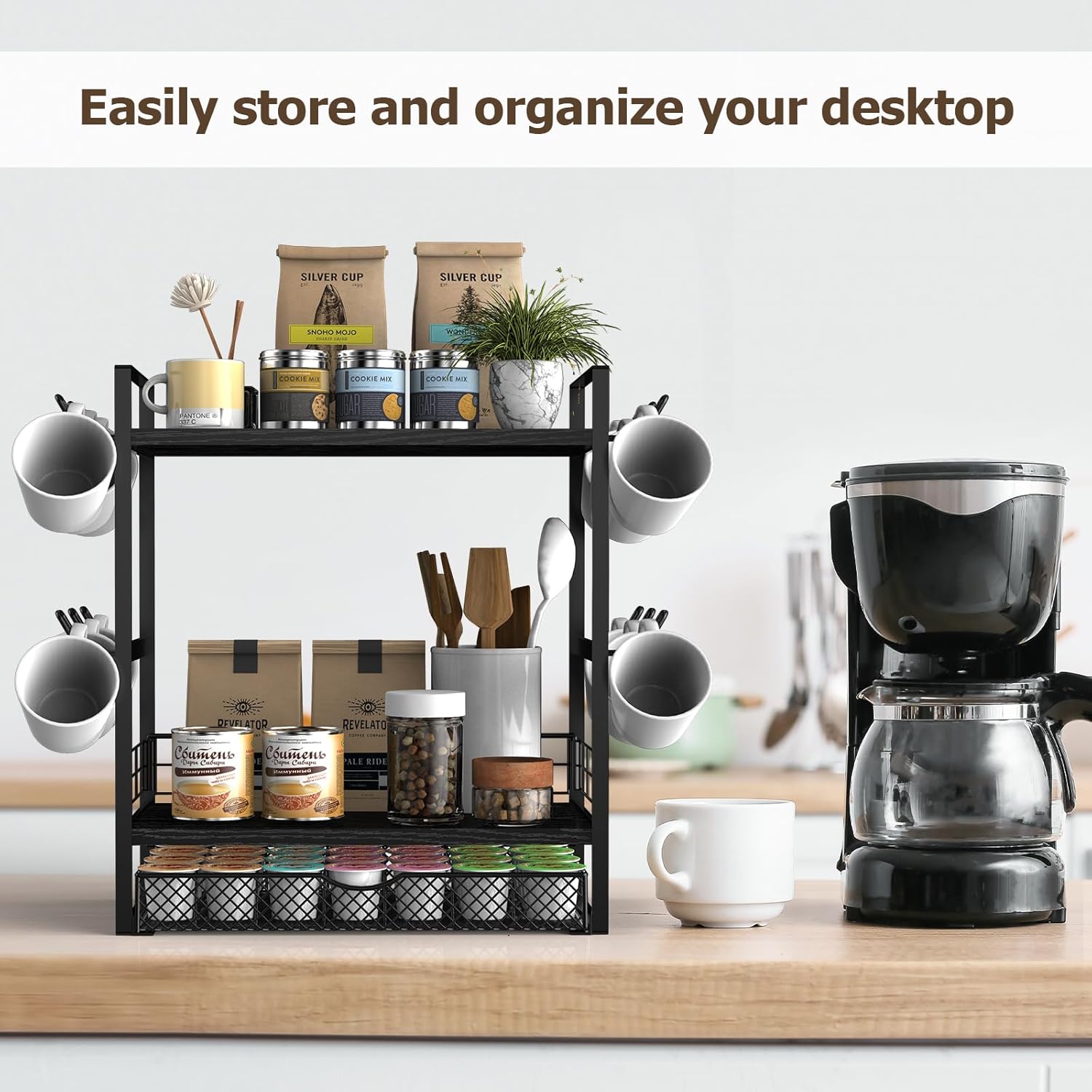 Coffee Bar Organizer, 3 Tier Station for Countertop, Mug Cup Holder Stand With 28 K Cup Storage and 12 Hooks for Kitchen, Home & Office, Black