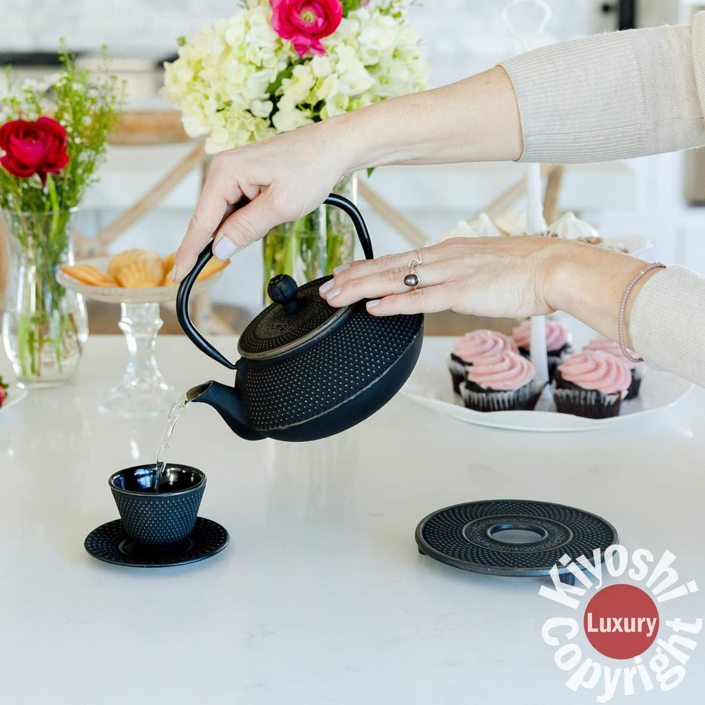 Large 11PC Japanese Tea Set "Gashu Black" Cast Iron Tea Pot 26Oz with 4 Tea Cups (2Oz each), 4 Saucers, Loose Leaf Tea Infuser and Trivet Ceremonial Matcha Accessories