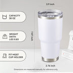 30 oz Tumbler with Lid Stainless Steel Tumblers Vacuum Insulated Cup Reusable Powder Coated Travel Mug Double Wall Leak Proof Portable Cups Keep Cold Drinks for 12 Hours, White, 1 Pack