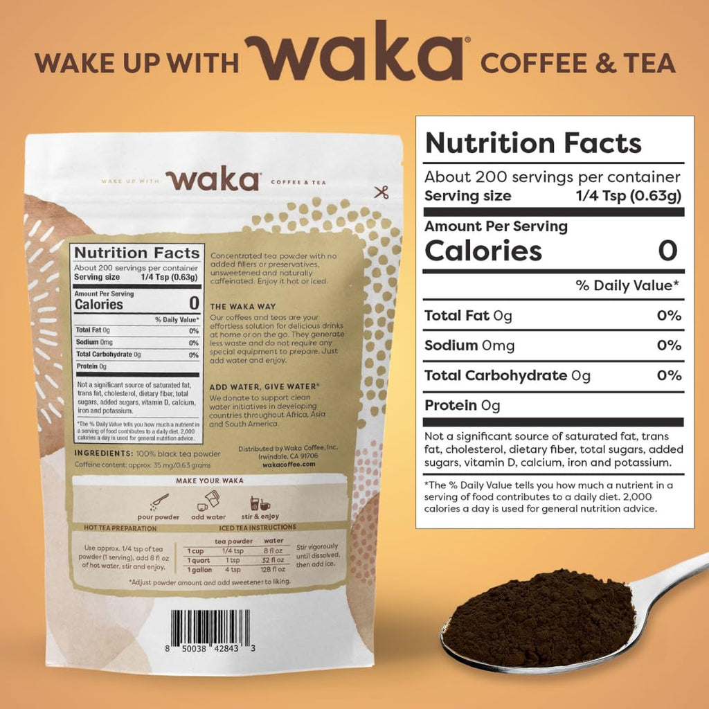 Waka Instant Black Tea Mix, Classic - 100% Tea Leaves, No Additives, Unsweetened Tea Powder for 50 Quarts or 200 Cups – Easy and Quick Hot or Iced Teas (4.5oz)
