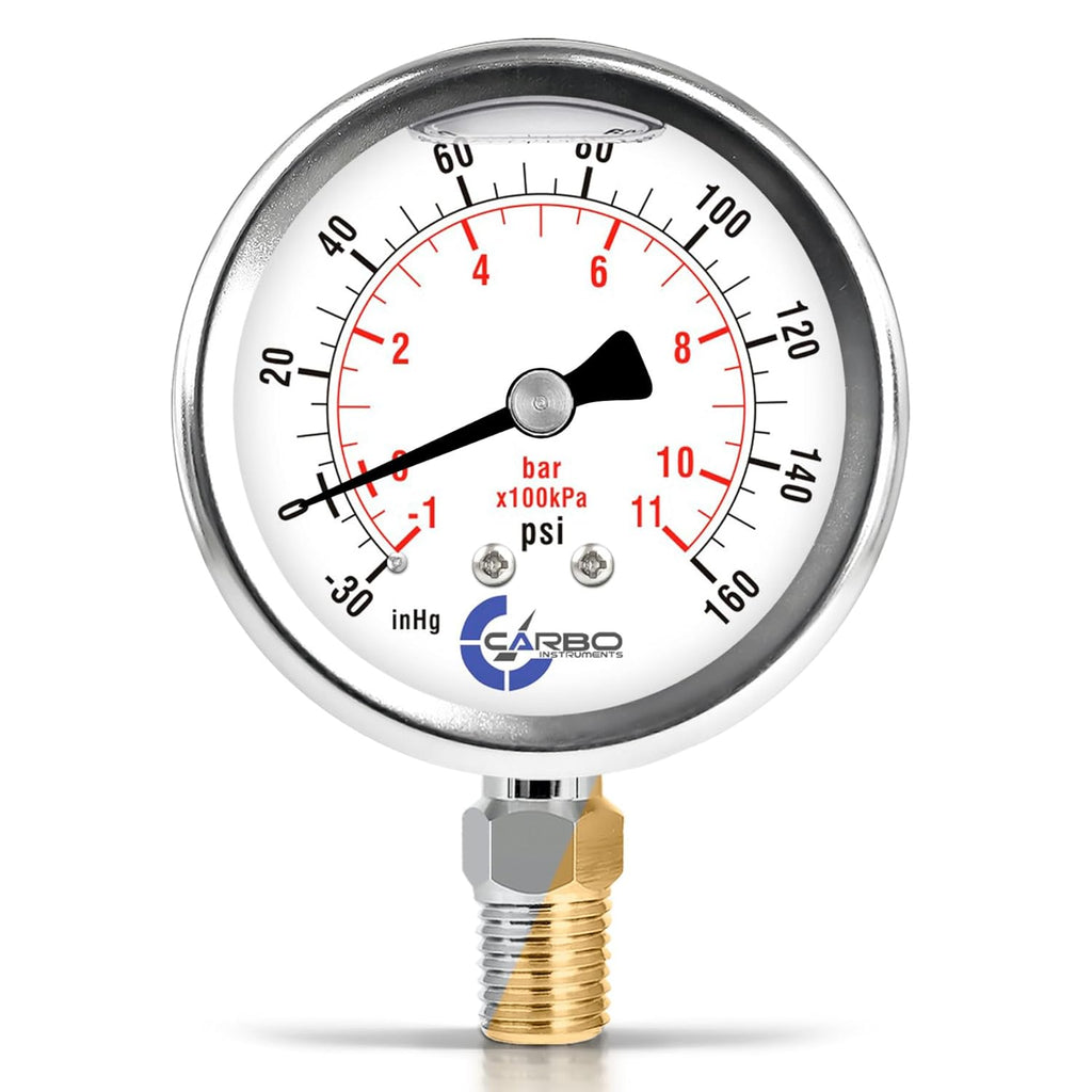 Stainless Steel Pressure Gauge Dual Display (-30 Hg - 0-160 psi/kPa) - 2 1-2" Glycerine Liquid Filled Water Air Oil Gas Gauge with Polycarbonate Lens - Compound Vacuum - 1/4" NPT