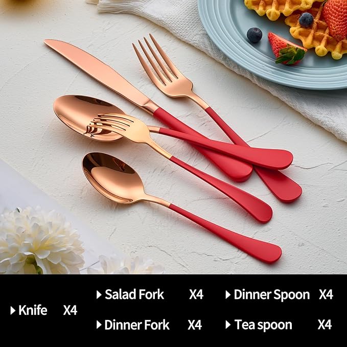 20-Pieces Rose Gold and Red Silverware Sets for 4,Red Handle Stainless Steel Cutlery Set, Include Forks Spoons and Knives Set, Dishwasher Safe Utensil Sets for Home Restaurant