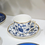 ACMLIFE Bone China Tea Cups and Saucers Set of 4, 6.8 oz Blue and White Tea Cups Set of 4, with Gold Trim and Gift Box (Blue-4)