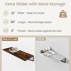 Dreamland Deep Floating Shelves for Wall, Brown Wood Wall Mounted Shelves, Large Floating Shelf 12 * 36 inch Set of 2 for Bookshelf Living Room Bedroom Home Office Bathroom