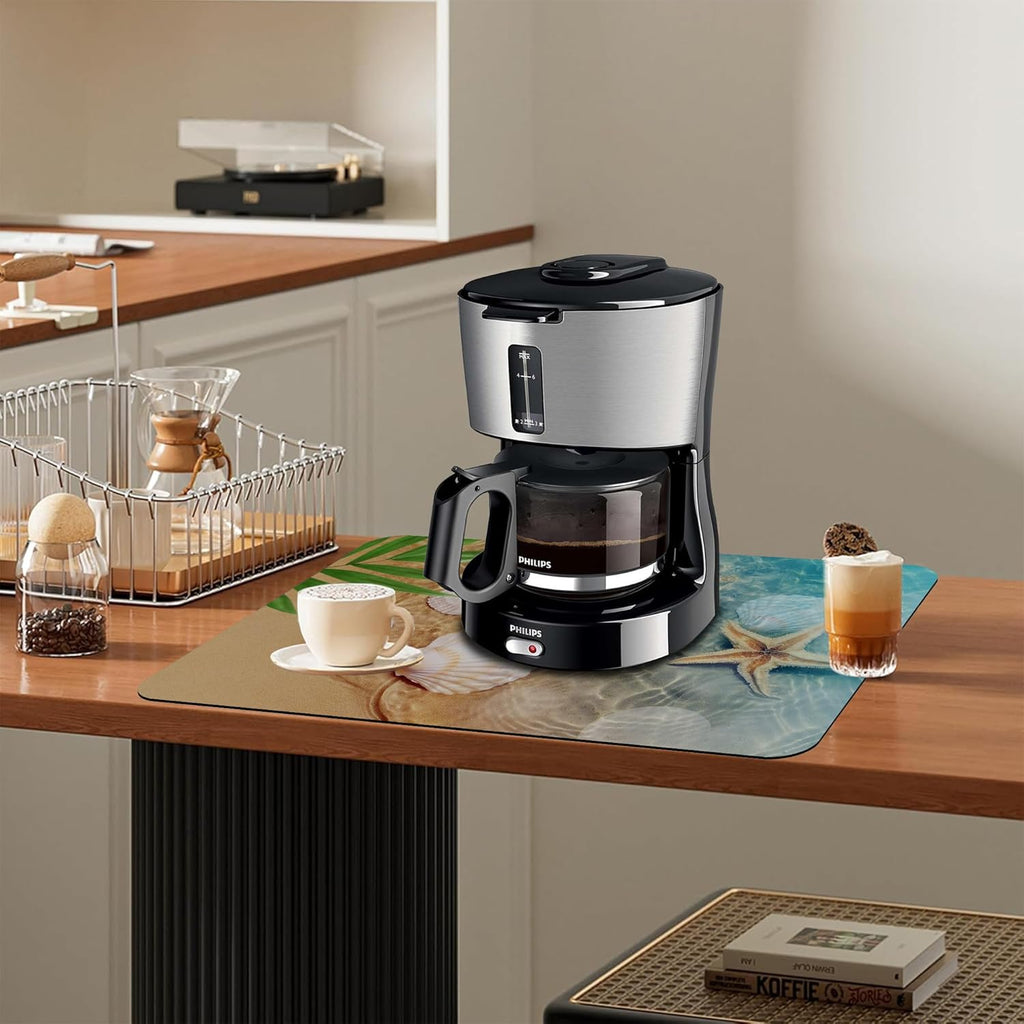 Dish Drying Mat Summer Beach Starfish Seashell Kitchen Mat 12"x19" Bsorbent Coffee Maker Mat for Dishes,Utensils Coffee Maker Pots and Pans Easy Clean Dish Slip Resistant Pad