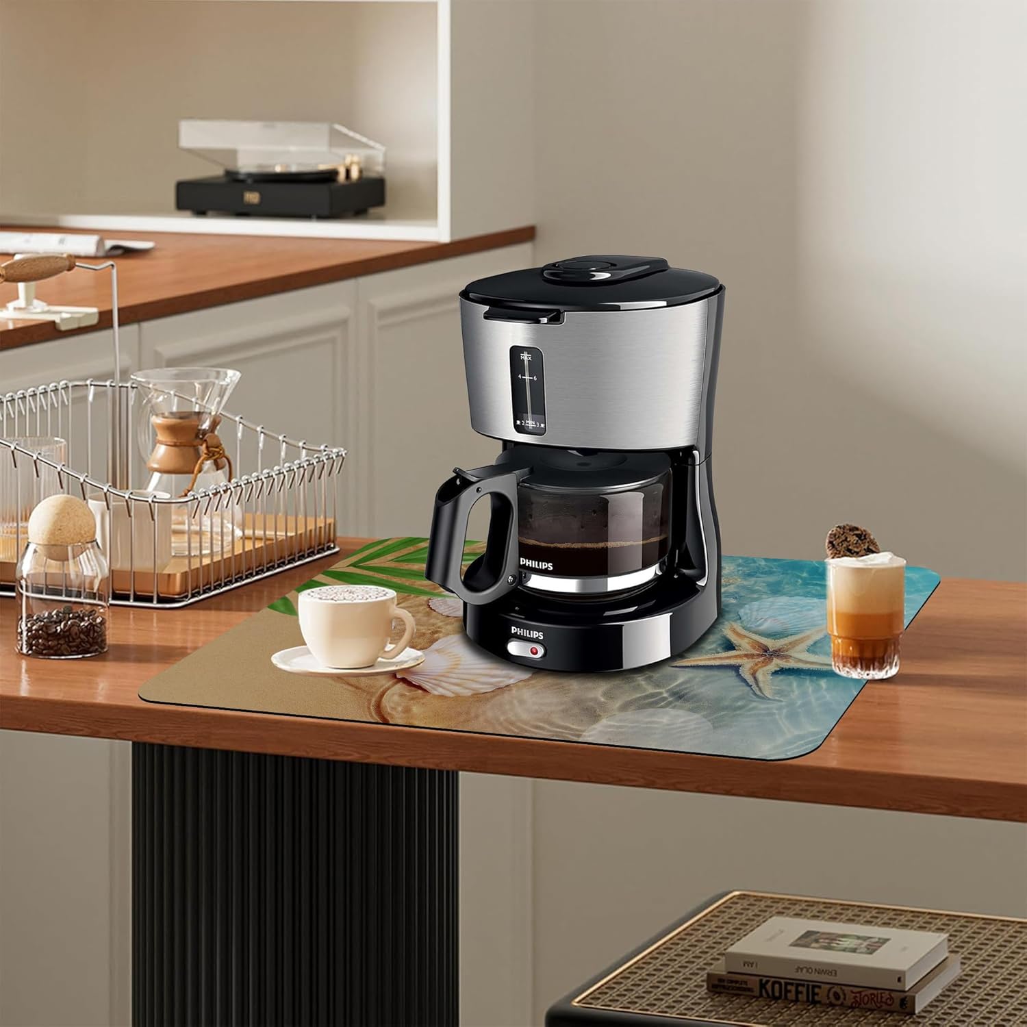 Dish Drying Mat Summer Beach Starfish Seashell Kitchen Mat 12"x19" Bsorbent Coffee Maker Mat for Dishes,Utensils Coffee Maker Pots and Pans Easy Clean Dish Slip Resistant Pad