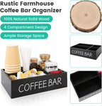 Coffee Bar Organizer – Wooden Coffee Station with 4 Compartments, Removable Dividers, and Condiment Storage for Home & Office
