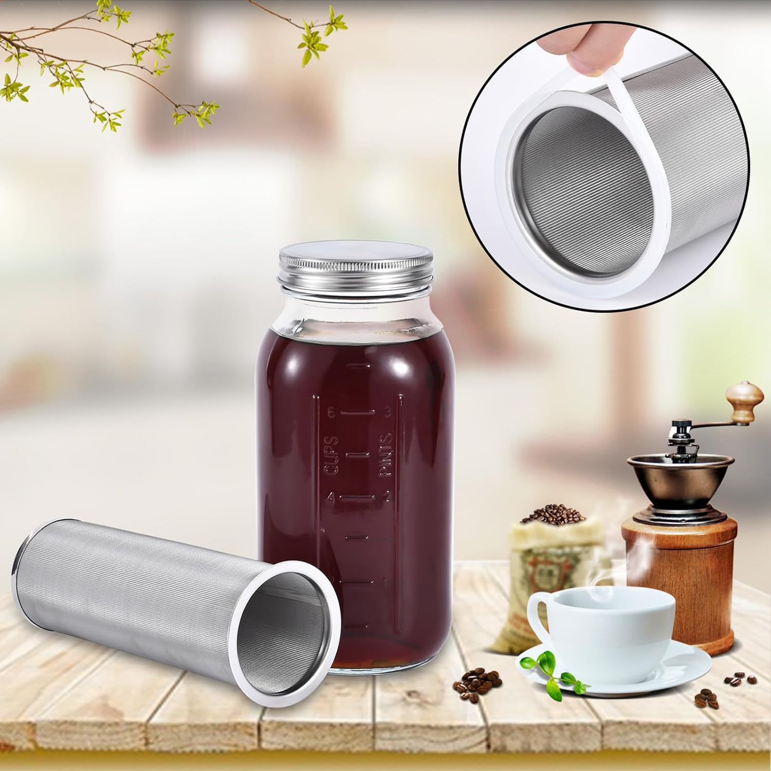 UPTRUST Durable Glass Cold Brew Mason Jar Iced Coffee Maker, 64 oz (2 Quart), Heavy Duty Stainless Steel Filter for Iced Brew Coffee, Lemonade, Ice Tea, Homemade Fruit Drinks Container