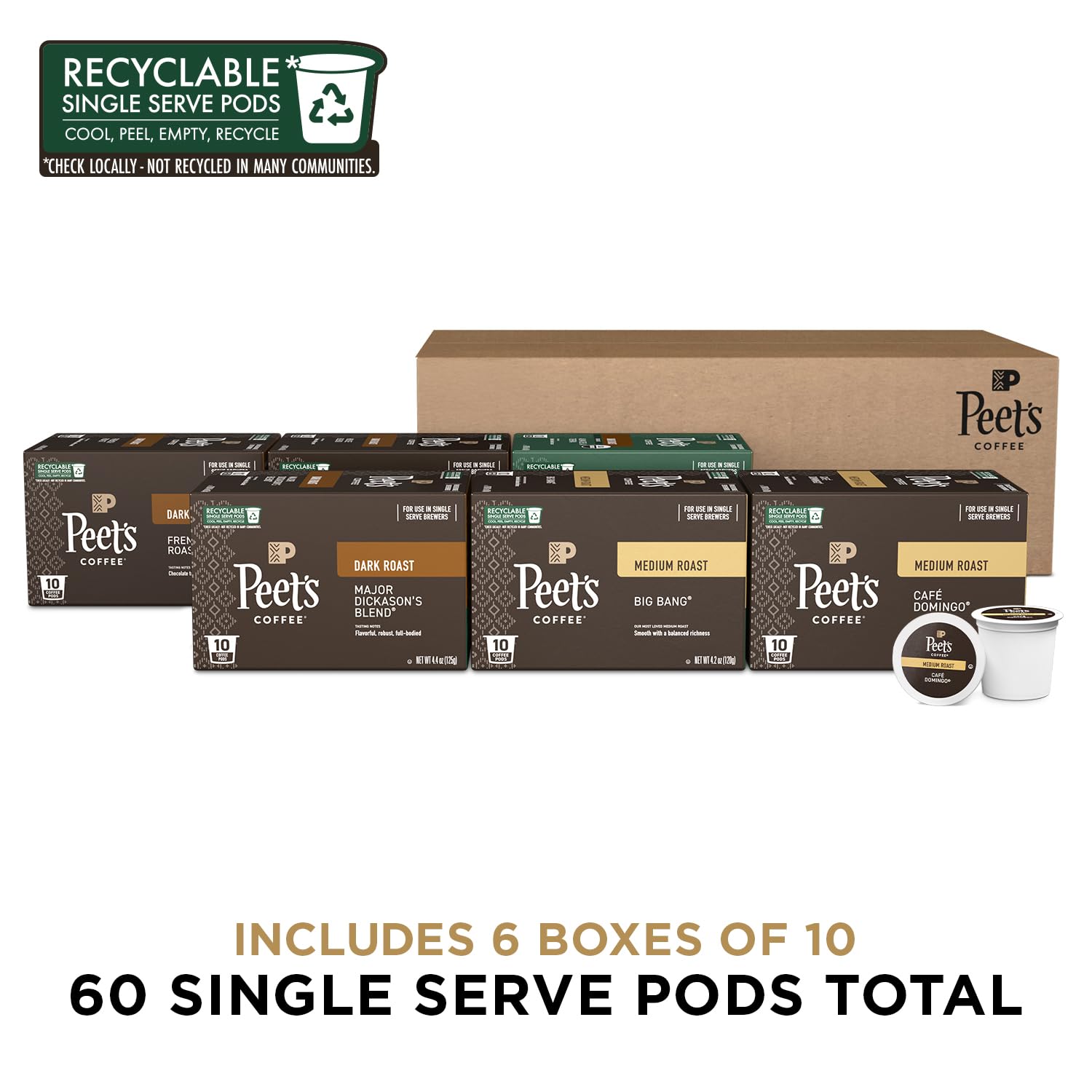 Peet's Coffee, Single Serve Coffee Pods Variety Pack - Major Dickason's Blend, Big Bang, French Roast, Café Domingo, Organic Alma De La Tierra, House Blend, 60 Count (6 Boxes of 10 Pods)