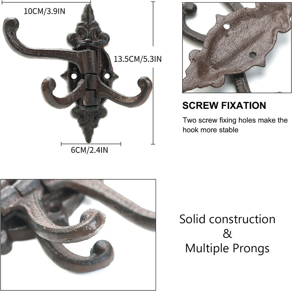 Sungmor 2-Pack Cast Iron 3-in-1 Flexible & Functional Swivel Wall Hook - Vintage Coat Hook Garden Planter Hanger - Heavy Duty Solid Metal Swing Hook - Clothes Hats Towels Bags Pots Tools Hanger