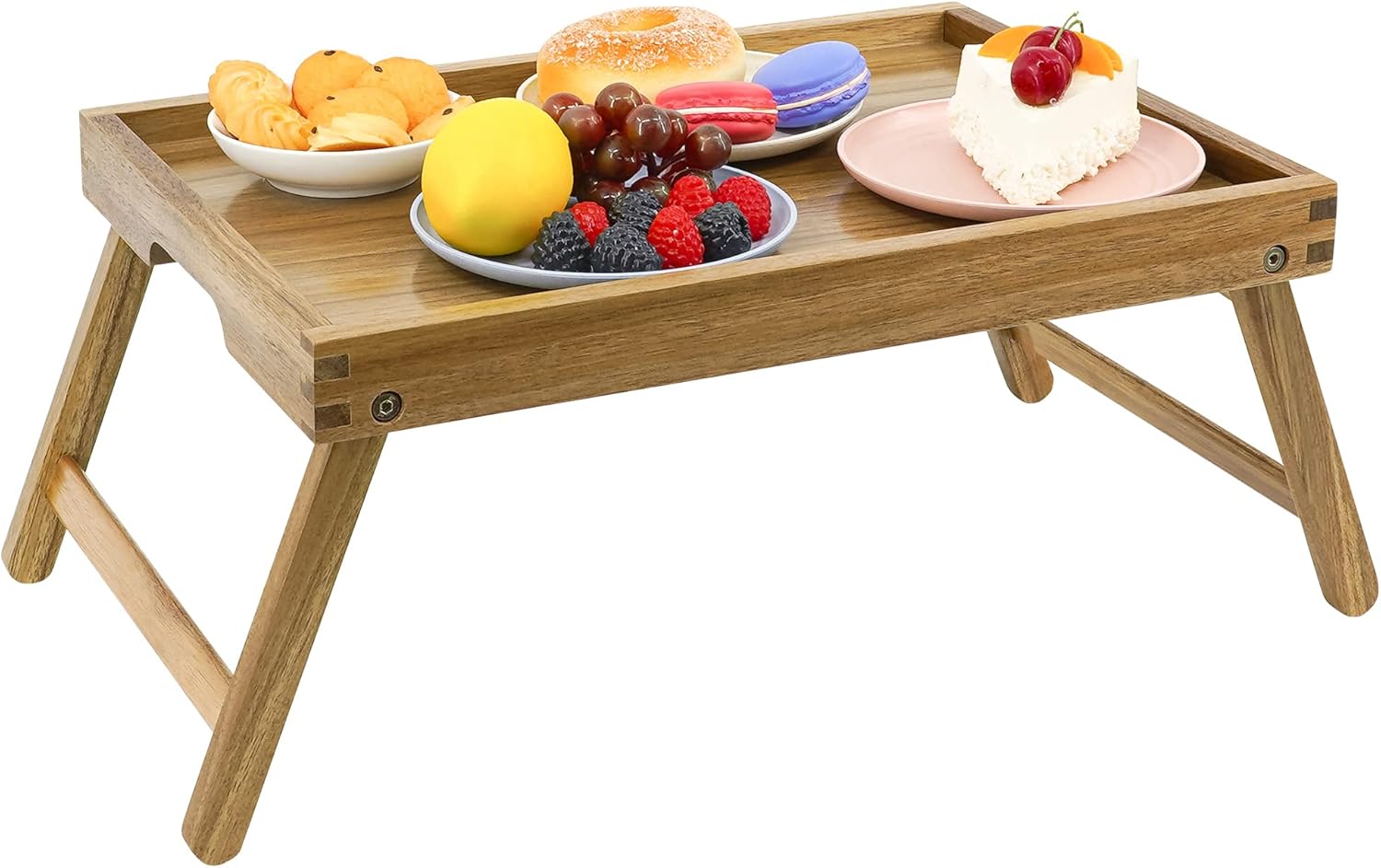 VaeFae Acacia Bed Table Tray, Wooden Breakfast Tray with Folding Legs, Bed Tray for Eating and Laptop, Eating Trays for Bedroom (Large Size)