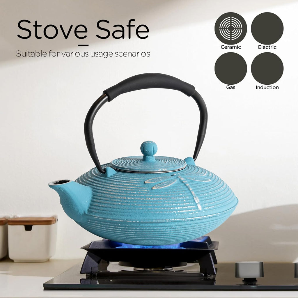 Cast Iron Teapot Set with 2 Tea Cups, 7 Pcs Japanese Tea Kettle with Stainless Steel Infuser, Tea Pot Coated with Enameled Interior, Dragonfly Pattern, 28oz 800ml Blue