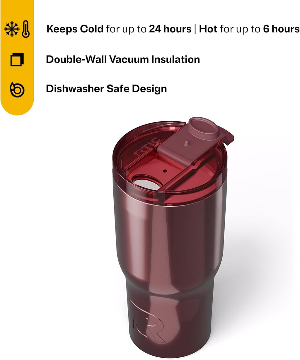 RTIC 20oz Essential Tumbler with Lid, Insulated, Stainless Steel, Metal, Double Wall Vacuum-Insulation, Ceramic Lined, Travel Cup for Iced Coffee, Tea, Hot and Cold Drink, Vintage Rose Metallic