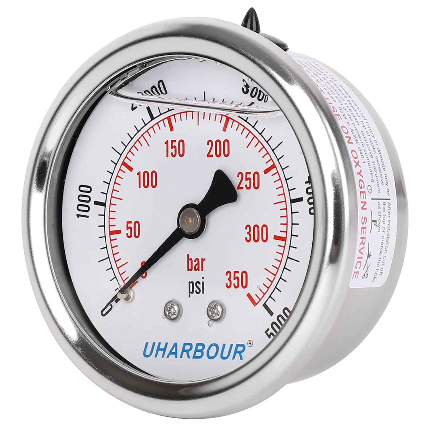 Glycerin Filled Pressure Gauge 5000psi/350bar, Stainless Steel case, Brass Inside Construction, 2-1/2" dial, 1/4" NPT Back Connection.…