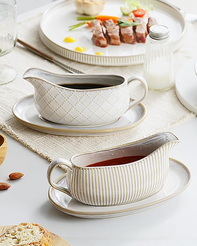 Getstar Gravy Boat with Saucer, Cranberry Sauce Dish Thanksgiving, Ceramic Gravy Dish Bowl, Microwave & Dishwasher Safe (Embossed Stripes)