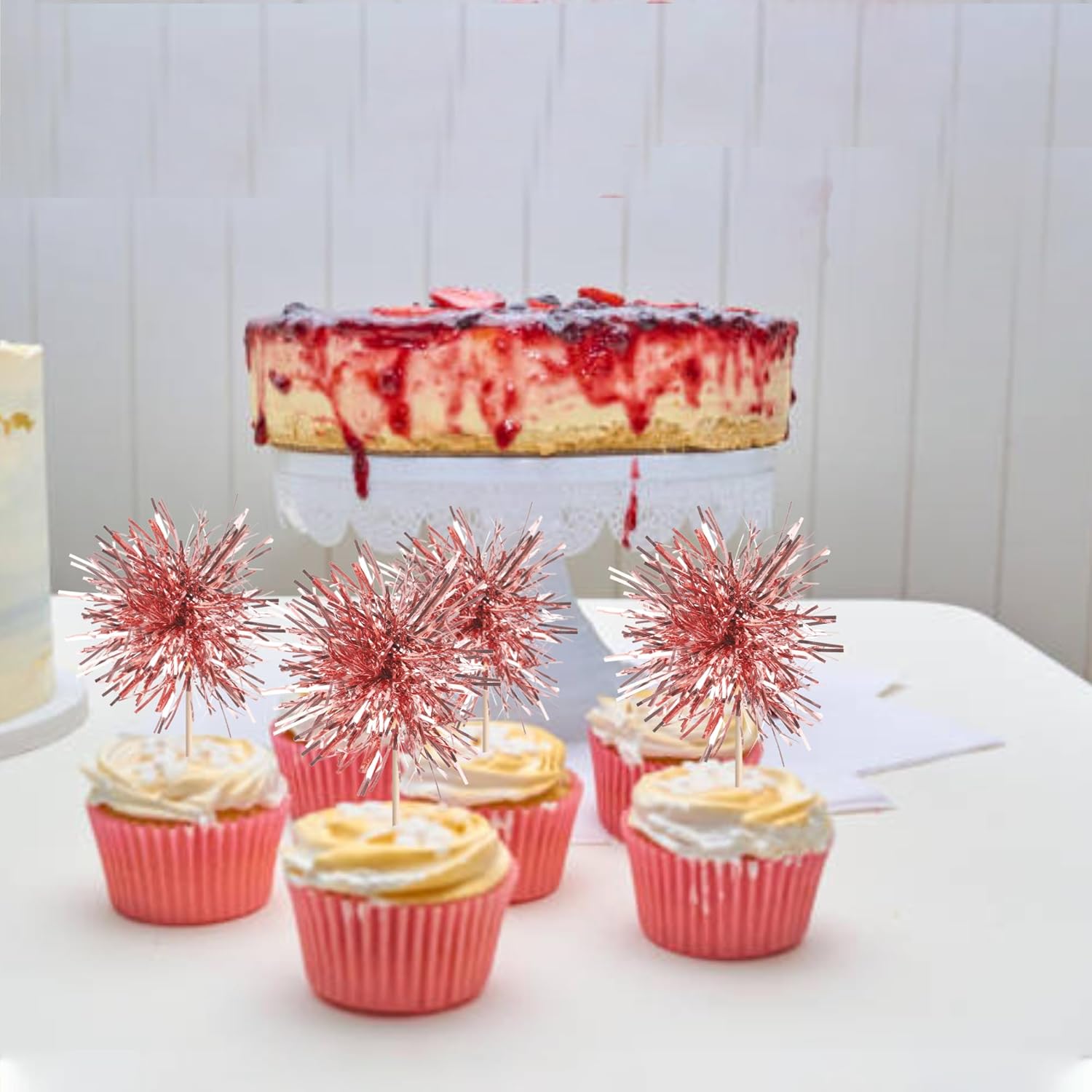 40 PCS Foil Firework Cupcake Toppers Rose Gold Sparkler Cupcake Picks Sparkle Tinsel Fireworks Decorations Cocktail Fruit Toothpick for Firework Theme Birthday Wedding Graduation Party Decor Supplies