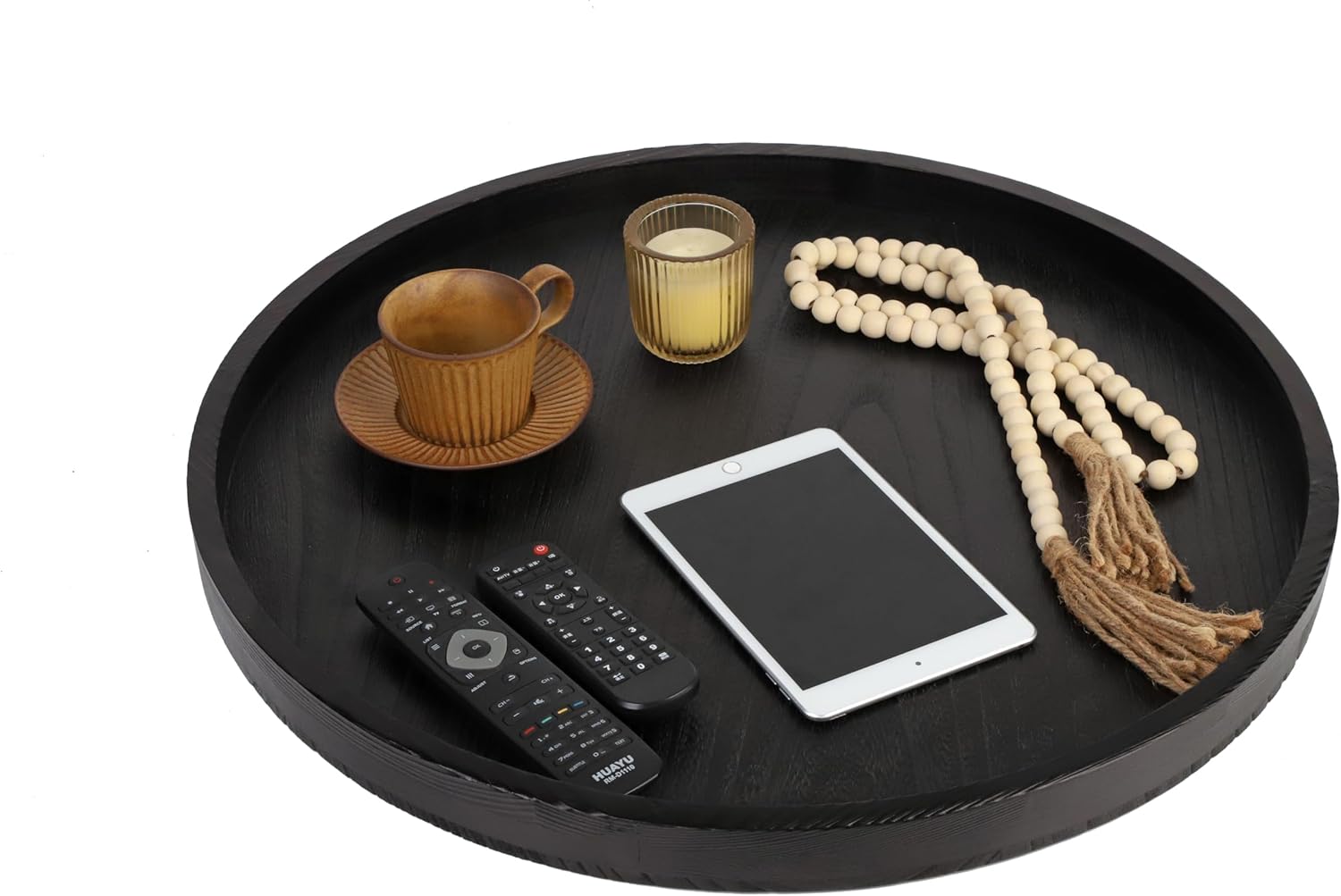 Round Ottoman Table Tray Round-24 - Rustic Wooden Serving Tray for Farmhouse Decorative Oversized Coffee Table Trays Living Room Kitchen Counter Breakfast Black