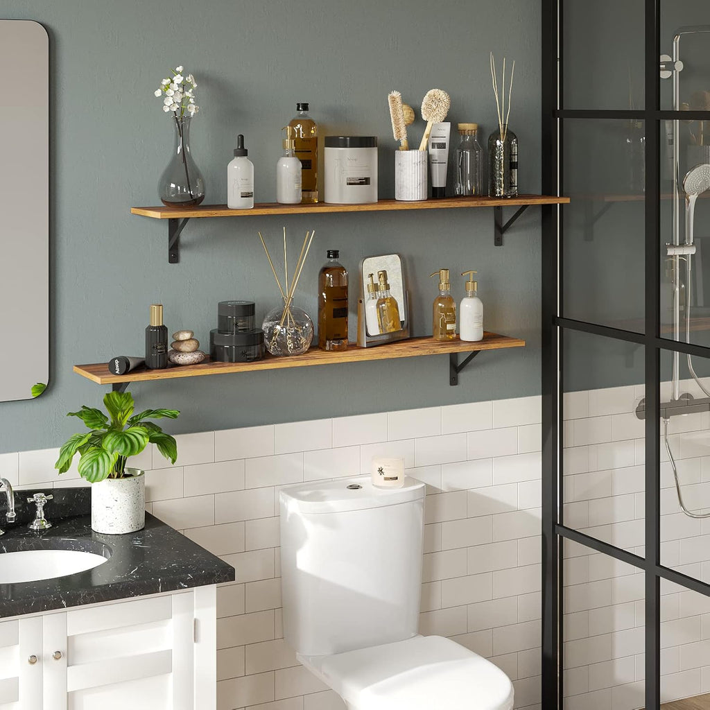 DINZI LVJ Long Wall Shelves, 55.1Inch Wall Mounted Shelves Set of 2, Extra Large Floating Storage Ledges with Sturdy Metal Brackets for Living Room, Bathroom, Bedroom, Kitchen, Rustic Brown