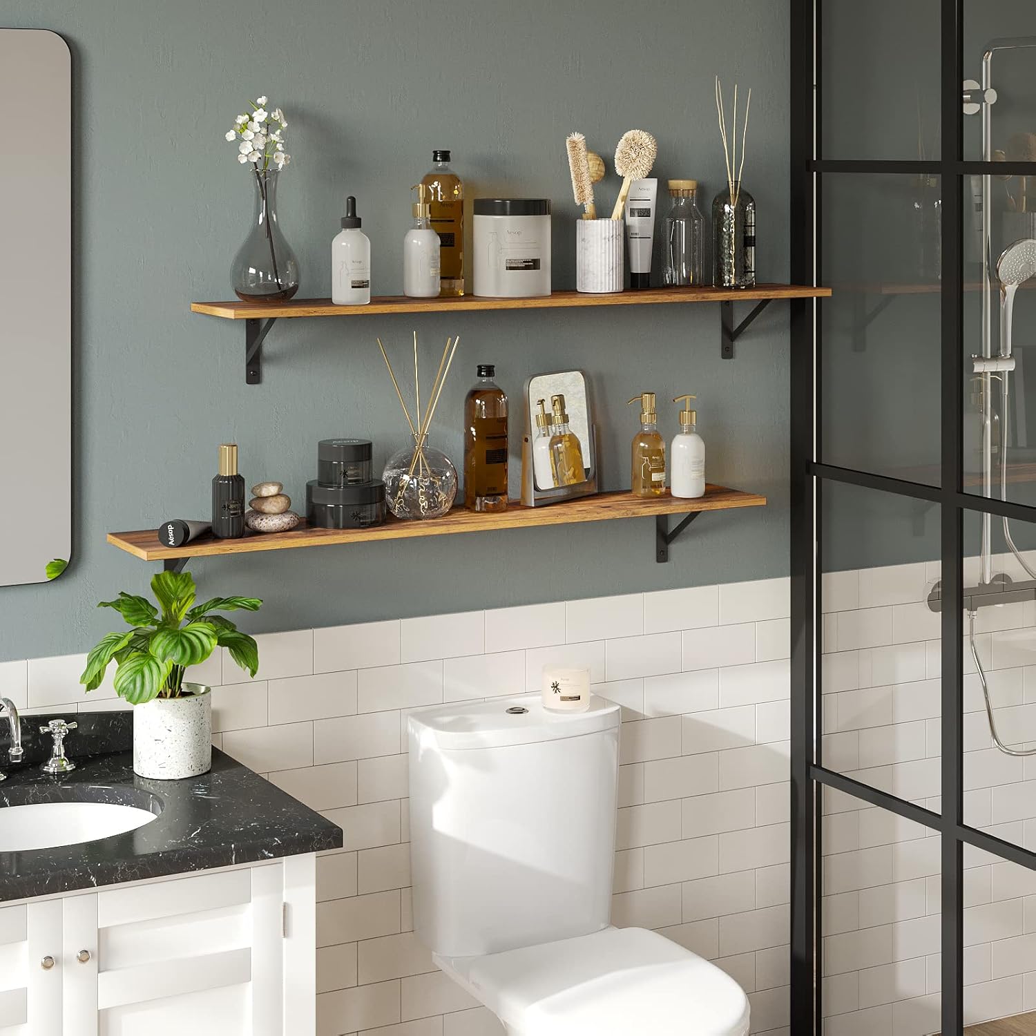 DINZI LVJ Long Wall Shelves, 55.1Inch Wall Mounted Shelves Set of 2, Extra Large Floating Storage Ledges with Sturdy Metal Brackets for Living Room, Bathroom, Bedroom, Kitchen, Rustic Brown