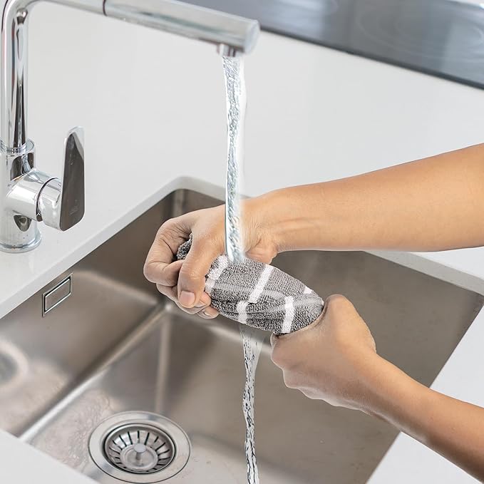 Urban Villa Dish Cloths Terry Cotton Pack of 6, Highly Absorbent Quick Drying Super Soft Premium Dish Towels for Kitchen with Hanging Loop Hand & Tea Towels - 12x12 Inch, (Grey & White, Checks)