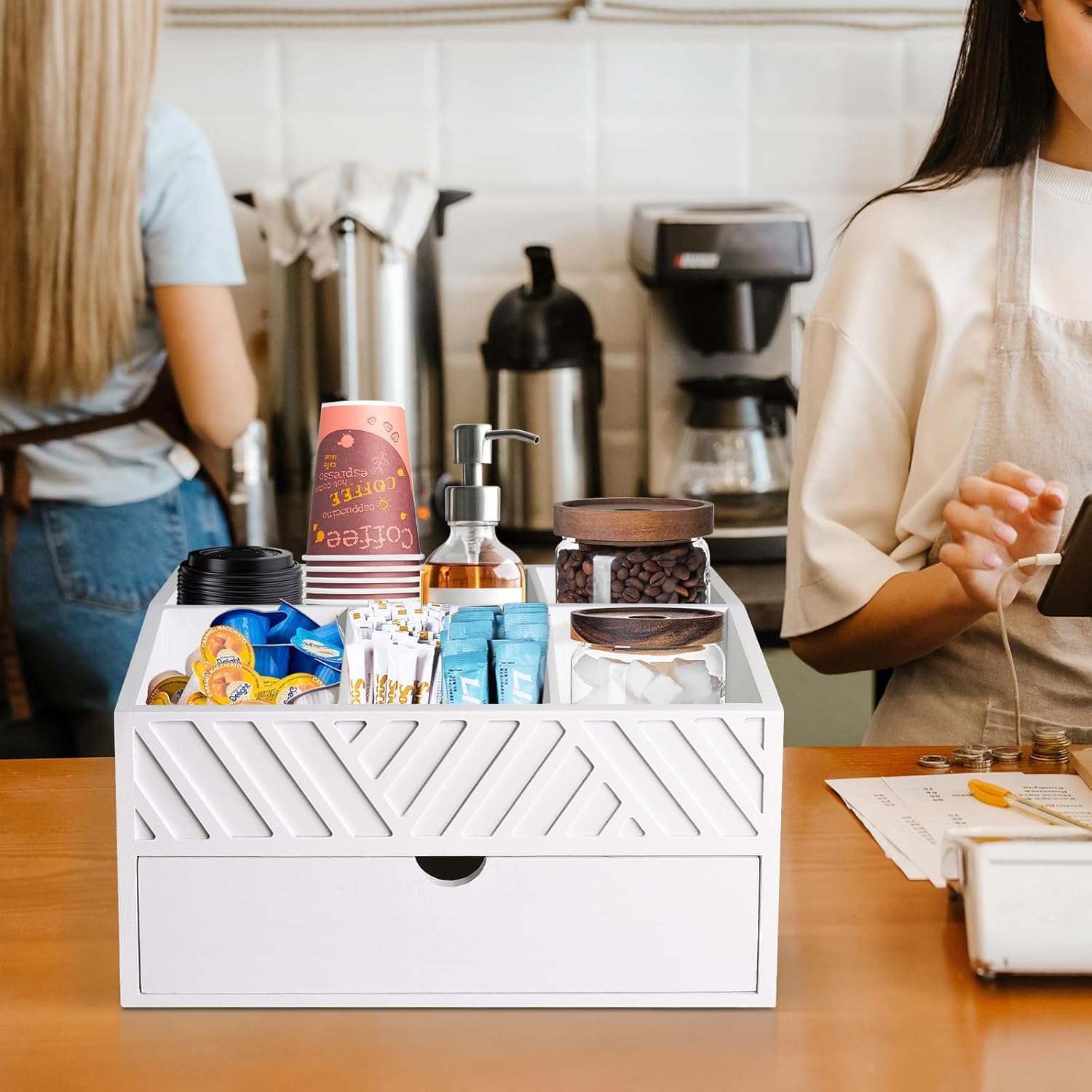 Farmhouse Wooden Coffee Bar Organizer - Countertop Station With Drawer, Pods Holder & Storage Basket