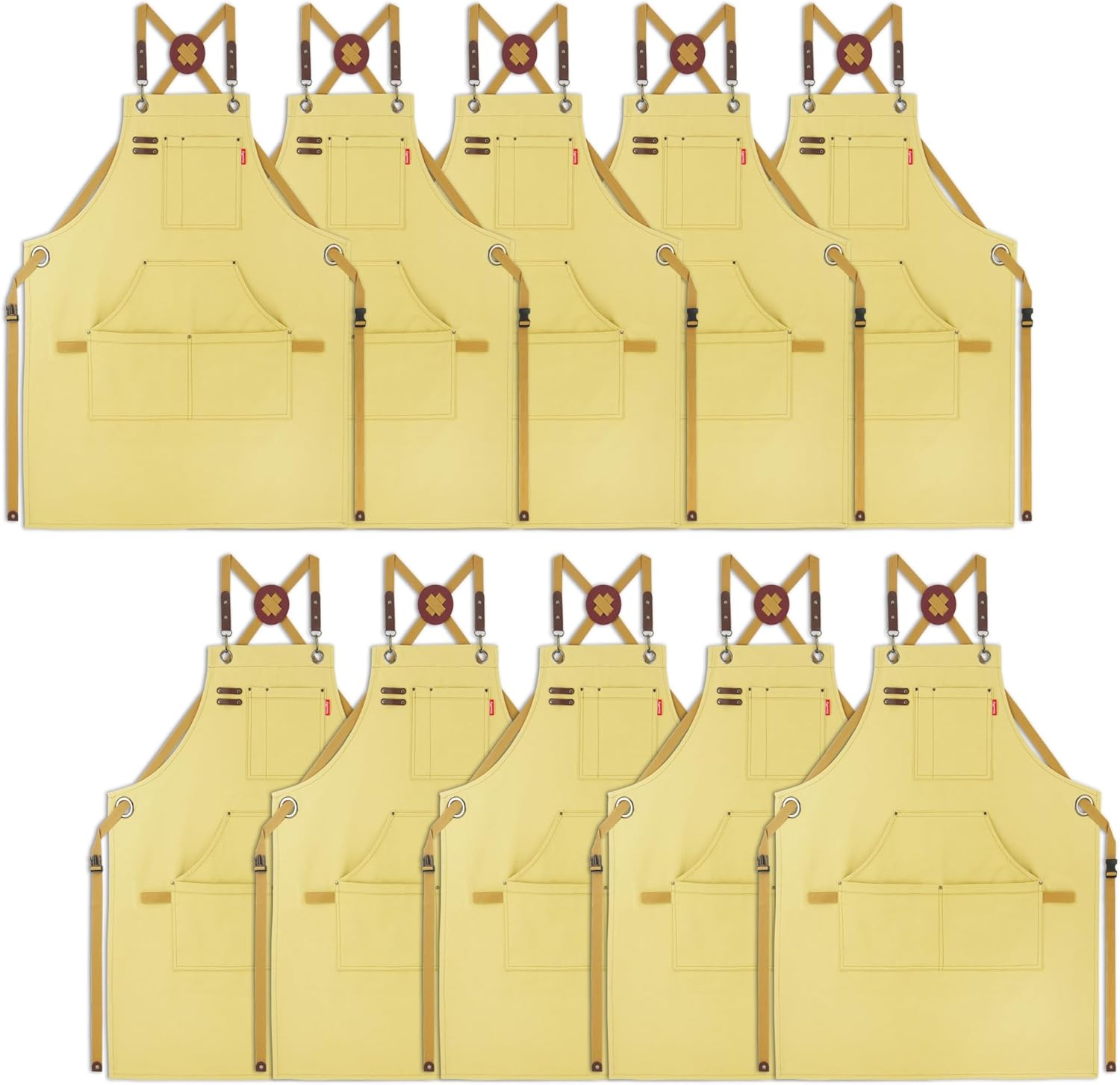 10 Pack Kitchen Apron, Work Apron, Canvas, Multiple Pockets, Gardening, Painting, BBQ, Artist, Carpenter, Sizes M to XXL, Amber