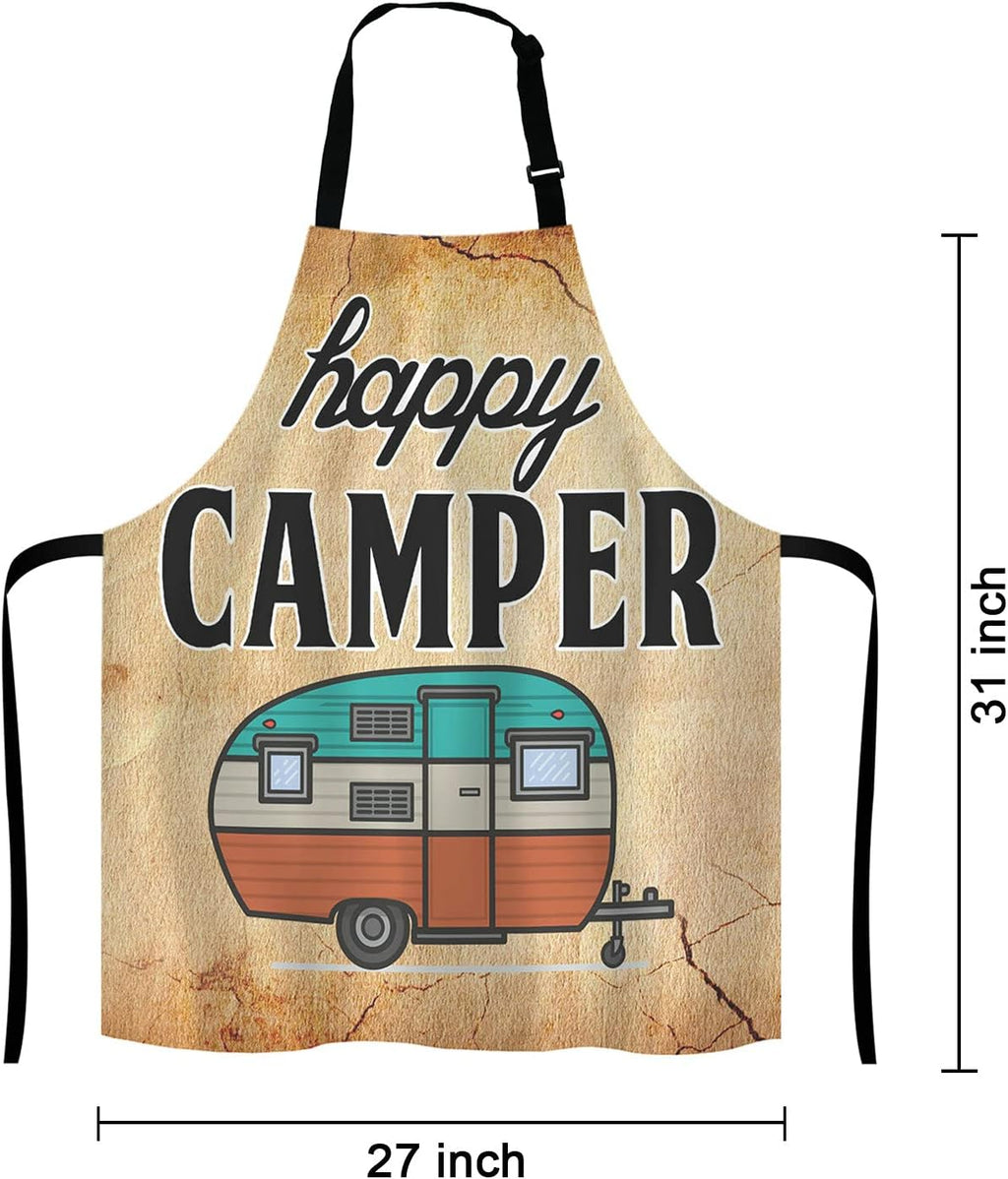 Happy Camper Apron for Women and Men, Adjustable Kitchen Chef Apron for Cooking Baking - Cute Birthday, Anniversary, Mother's Day Apron Presents for Mom Wife Girlfriend Aunt Grandma