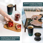 suyika Ceramic Tea Cup with Infuser and Lid Tea Mugs Wooden Handle 400ml/13.5oz Dark Green