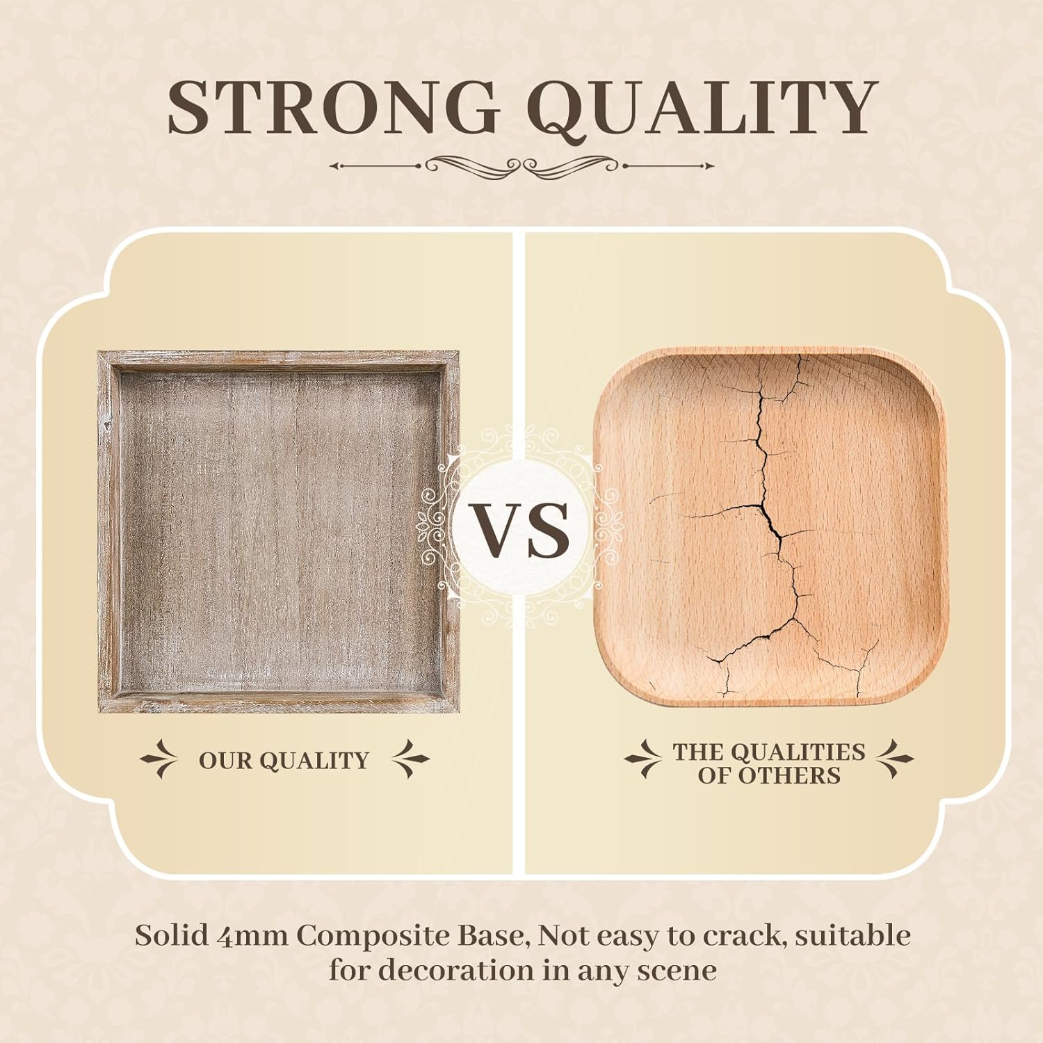 Wooden Decorative Tray, Small Serving Tray with Wood Bead, Farmhouse Big Tray for Ottoman, Countertop, Coffee Tabl, 13" x 13"x 1.6" (White Washed)