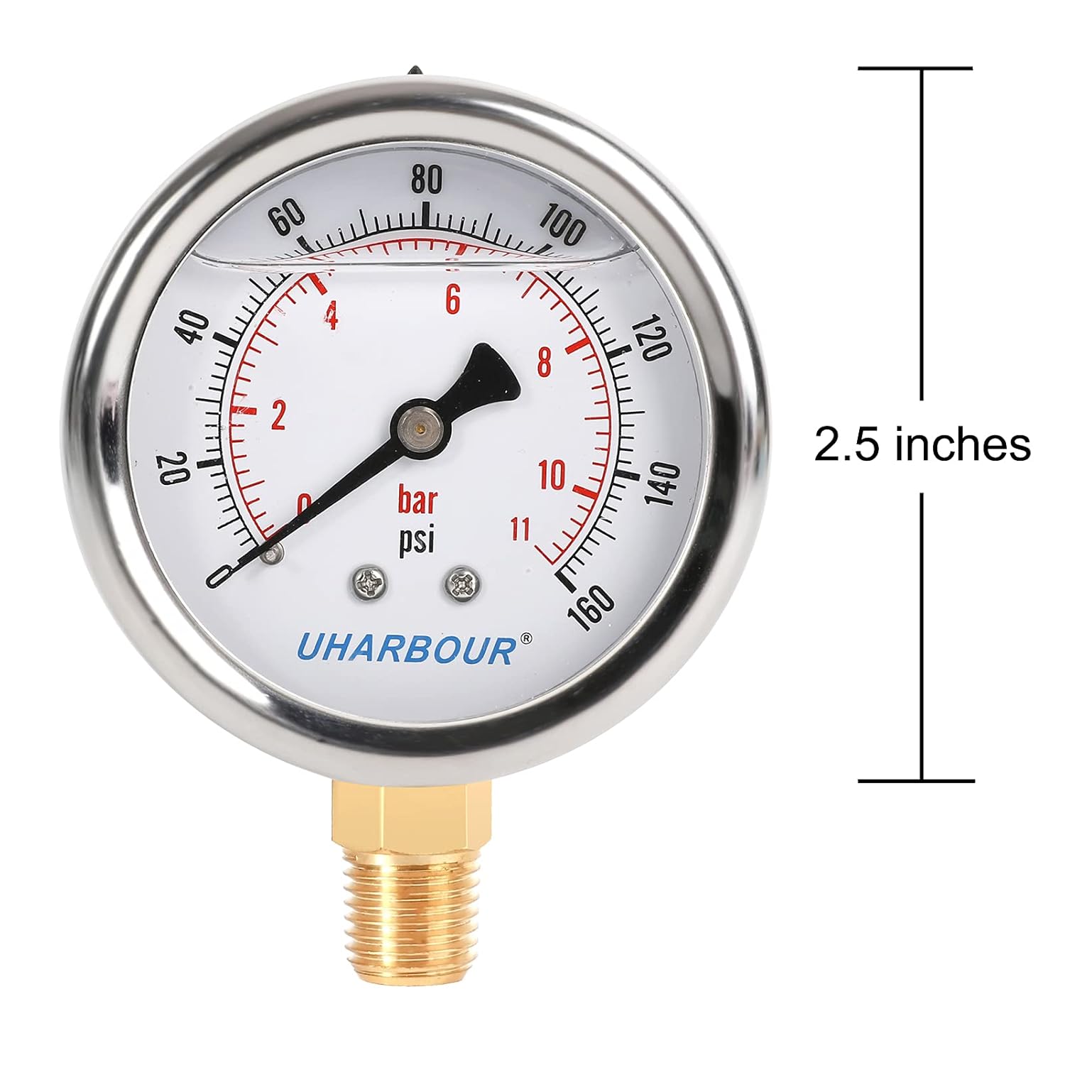 Glycerin Filled Pressure Gauge 160psi/11bar, Stainless Steel case, Brass Inside Construction, 2-1/2" dial, 1/4" NPT Rear Connection.