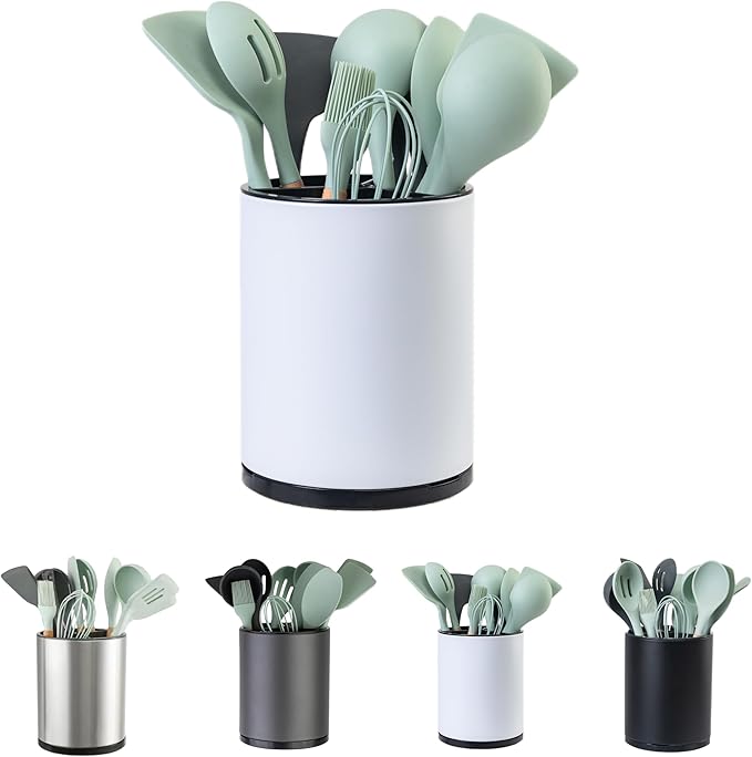 Kitchen Utensil Holder Extra Large 360°Rotating For Counter Organizer Stainless Steel Storage Cooking Silverware Caddy 3 Compartment Flatware Spoon Spatula Tool Cutlery Container（White）