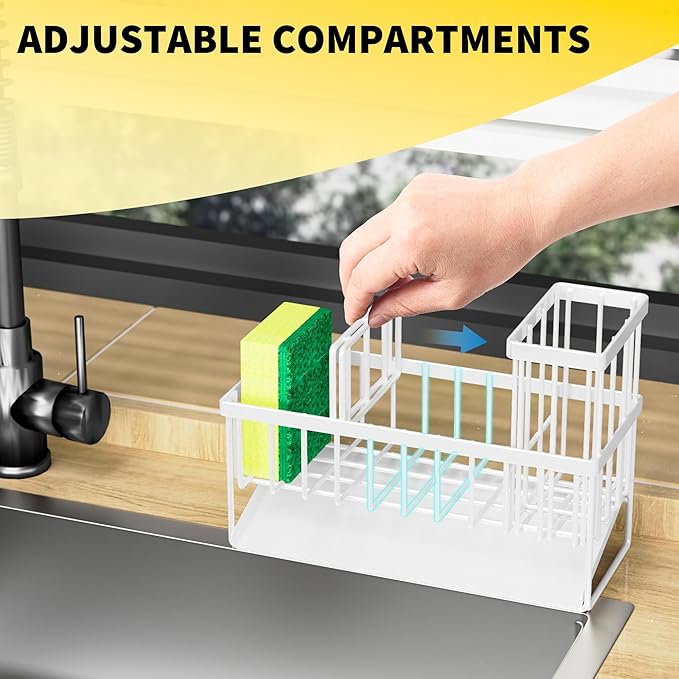 Cisily Sink Caddy Sponge Holder - Stainless Steel Rustproof, High Brush Holder, Dish Sponge Organizer with Divider (White)