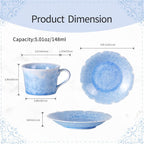 KAMMAK Tea Cups and Saucers Set of 2, Porcelain Coffee Cups, 5oz Crystalline Glaze Espresso Mugs, Ceramic Demitasse for Coffee, Cappuccino, Latte, Americano, Tea (Ice crystal blue + greenish blue)
