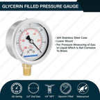 MEASUREMAN 2-1/2" dial,Glycerin Filled, Stainless Steel case, Brass Inside, 30inHg/-100kpa-0,1/4" NPT Lower Mount