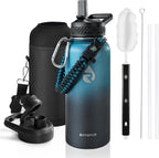 Insulated Water Bottle 32 oz, Triple Wall Vacuum Stainless Steel (Cold for 48 Hrs, Hot for 24Hrs), Leak Proof & Non-BPA, 32oz Hydro Water Flask with Paracord Handle & Straw Spout Lids
