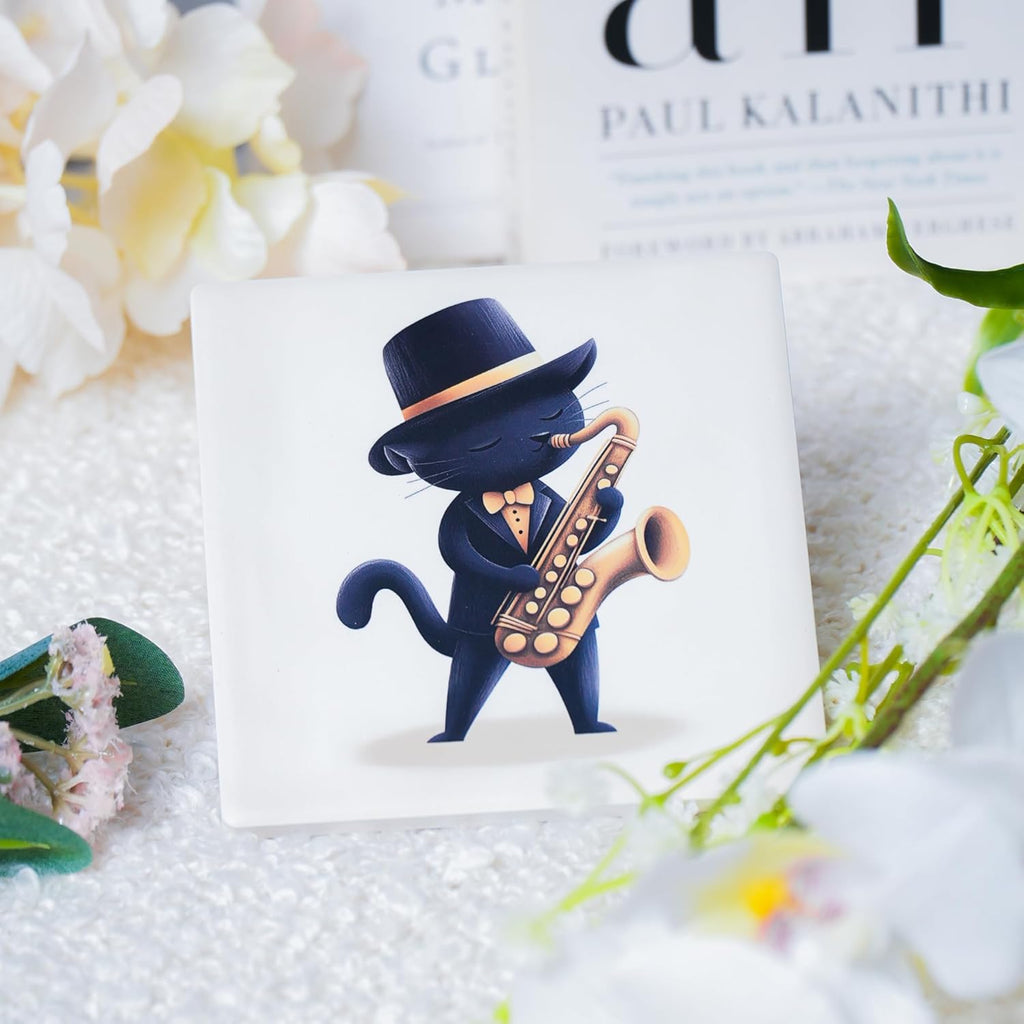 Ceramic Coasters Set of 4 – Square Drink Coasters with Cork Backing, 3.9x3.9 Inches – Decorative Printed Designs for Home, Office, or Gift Use (Musical Cats)