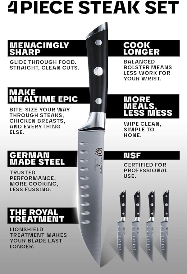 Dalstrong Steak Knife Set - 4-Piece - 5 inch Straight - Gladiator Series Elite - Forged German High-Carbon Steel - Black G10 Handle - Sheaths - Dinner Set - NSF Certified