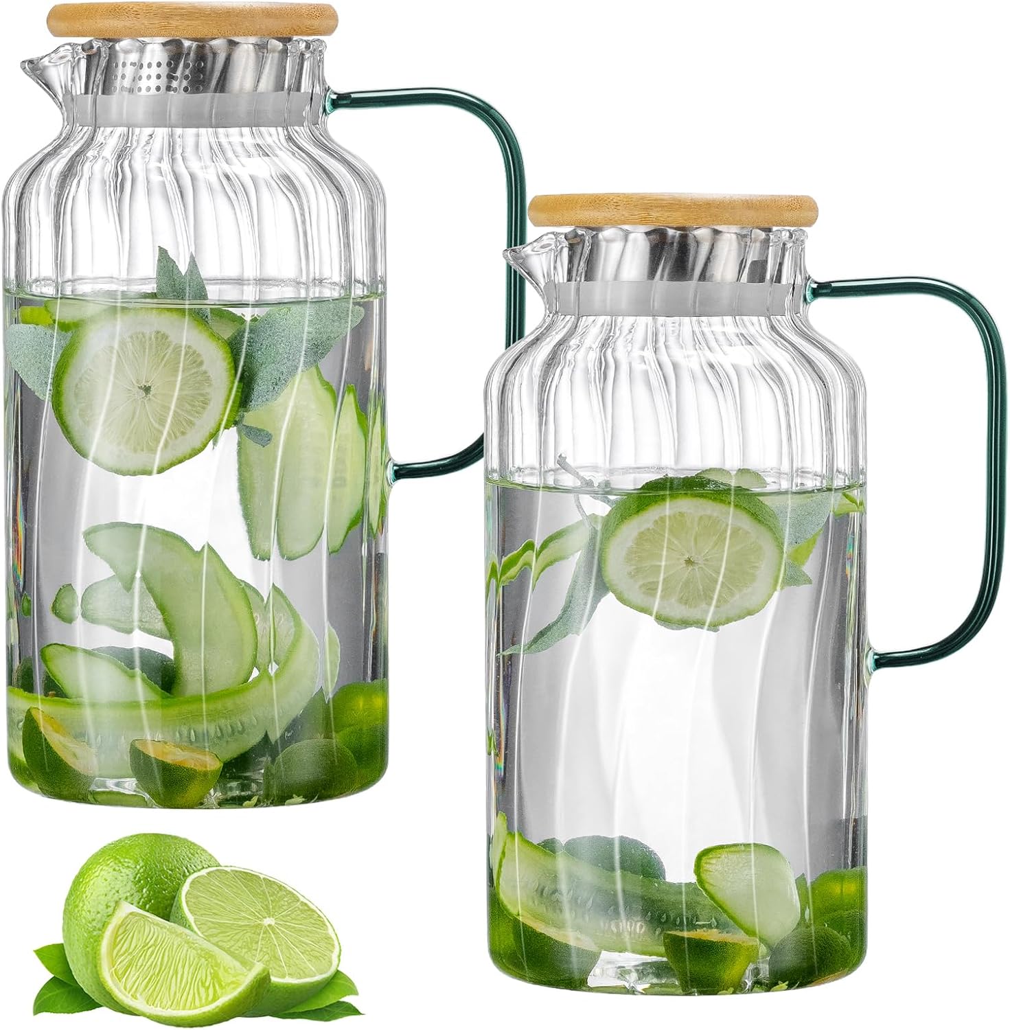 2 PACK Glass Pitcher with Lid, 68 oz/ 2 Liter Classic Vertical Stripes Water Pitcher with Bamboo Lids,Glass Water Carafe for Cold Brew, Coffee, Lemonade, Iced Sun Tea,Beverage,Milk