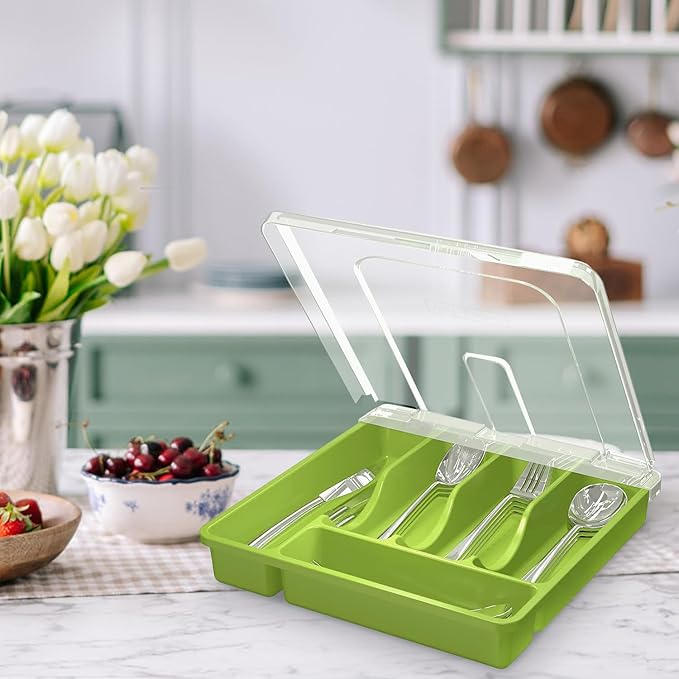 Silverware Organizer with Cover, Portable Cutlery Holder Flatware Tray with Lid Plastic Silverware Storage Box (Green)