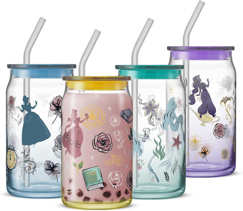 JoyJolt Disney Princess Icon Glass Tumblers with Lids and Straws, 16oz Glass Cups with Lids and Straws ft Princess Jasmine Ariel Cinderella Belle, 4pc Can Shaped Drinking Glasses, Iced Coffee Cups