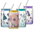 JoyJolt Disney Princess Icon Glass Tumblers with Lids and Straws, 16oz Glass Cups with Lids and Straws ft Princess Jasmine Ariel Cinderella Belle, 4pc Can Shaped Drinking Glasses, Iced Coffee Cups
