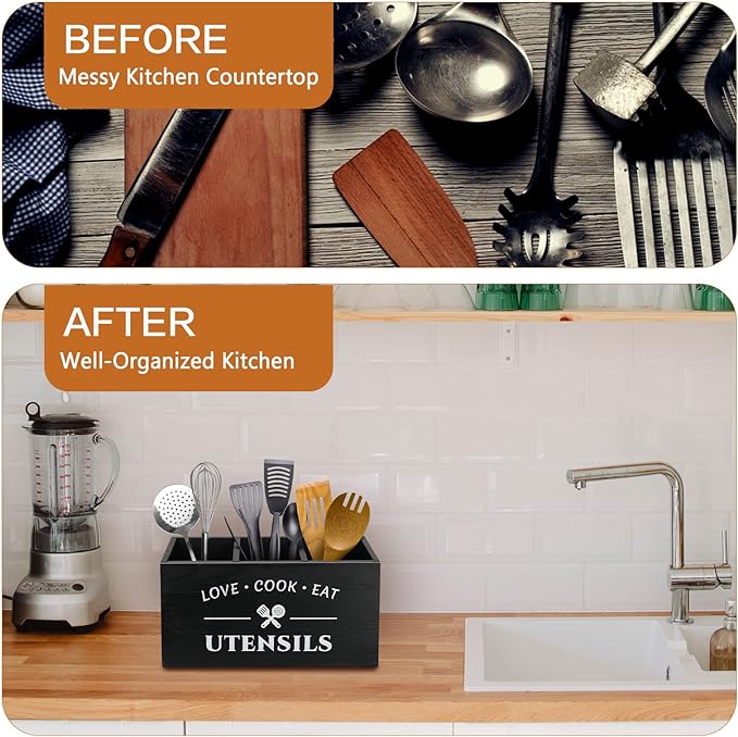 Kitchen Utensil Holder with 3 Compartments, Rustic Wooden Storage Organizer Box Vintage Cutlery Farmhouse Flatware Utensil Caddy Countertop for Silverware Fork Spoon Spatula